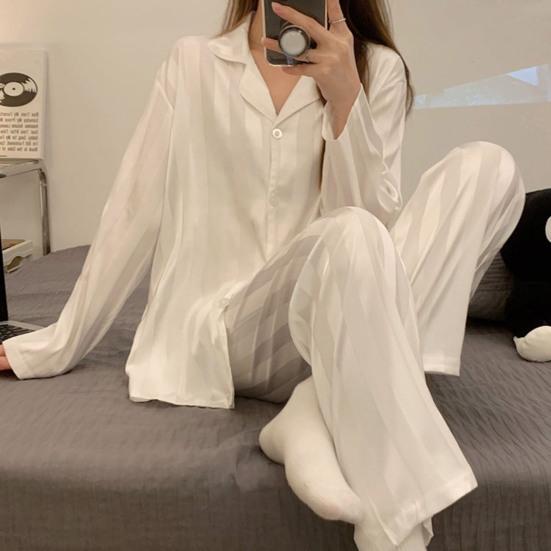 2 Pcs/Set Women Spring Summer Pajama Set Striped Silky Ice Silk Lapel Long Sleeve Loose Single-breasted Wide Leg Homewear Shirt Pants Set Sleepwear
