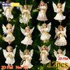 12pcs Vintage Christmas Angel Wooden Pendants, Artificial Wood Hanging Ornaments, Perfect for Home & Outdoor Holiday Decor