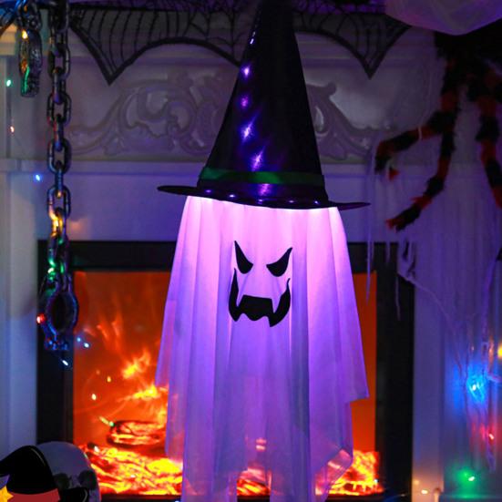 2 Packs Halloween Ghost Lights Outdoor Spooky Hanging Witch Hat Ghost Battery Operated Halloween Lamp for Yard Porch