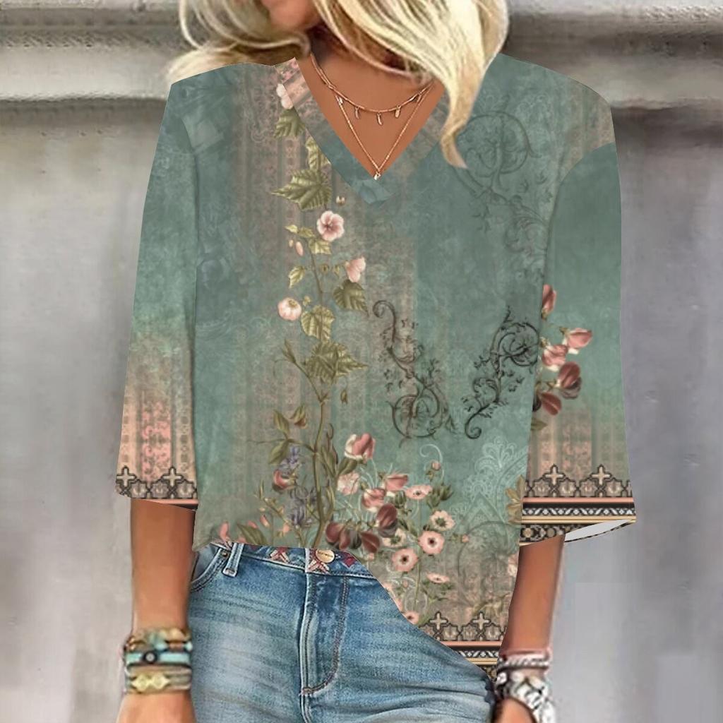 Women's Shirt Blouse Casual Loose Shirts  3/4 Sleeve  Print  V Neck Tops Print  Tops T-shirts Tee
