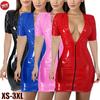 Women Colorful Faux Dress Nightclub Dress High Elastic Deep V-Neck Zipper Short Sleeve Short Skirt Wrapped Hip Dress