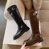 Grape Mother Autumn and Winter New Polish Pictorial~ Fashion Round Head Buckle with Thick Heel But Knee High Boots Knight Boots Women