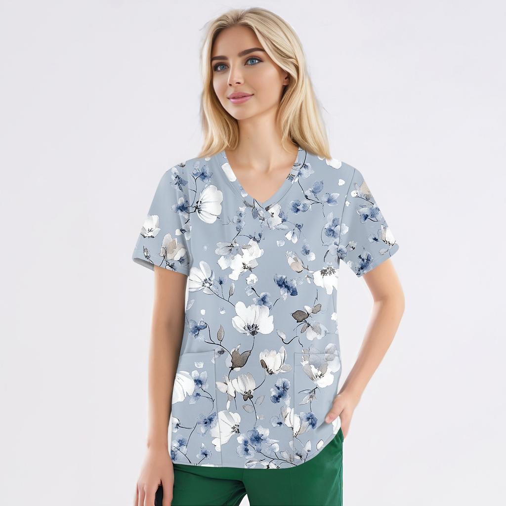 Plus Size Printed Scrub Working Uniform Tops For Women's V-Neck Short Sleeve Fun T-Shirts Workwear Tee With Pockets
