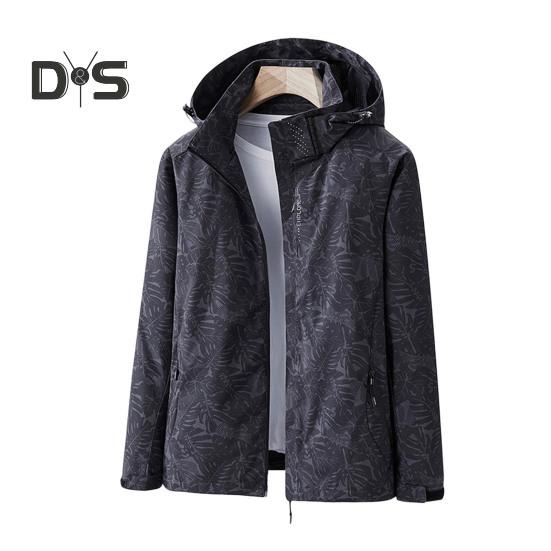 Women Jacket Stand Collar Detachable Hood Long Sleeve Casual Coat with Pockets Maple Leaves Print Zipper Placket Outwear