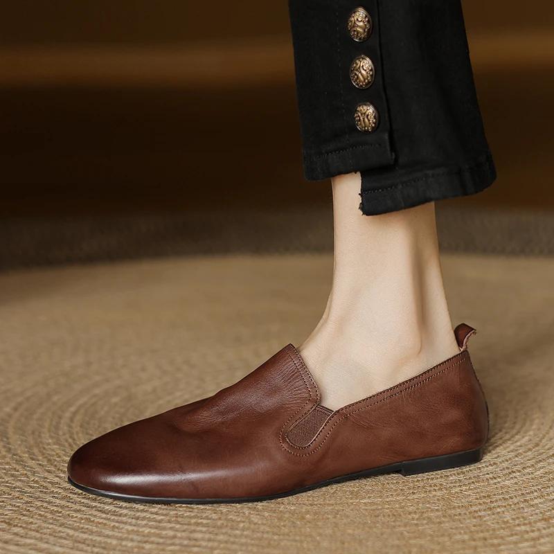 Fashion 2025 Spring Women Shoes Round Toe Chunky Heel Women Flats Women Shoes Genuine Leather Retro Loafers Ladies Shoes