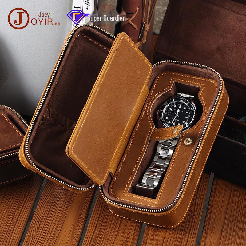 Vintage Crazy Horse Leather Travel Watch Box - Genuine Leather Zippered Storage for Single Watch