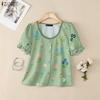 Women Casual Round Neck Summer Floral Print Short Sleeve Blouse