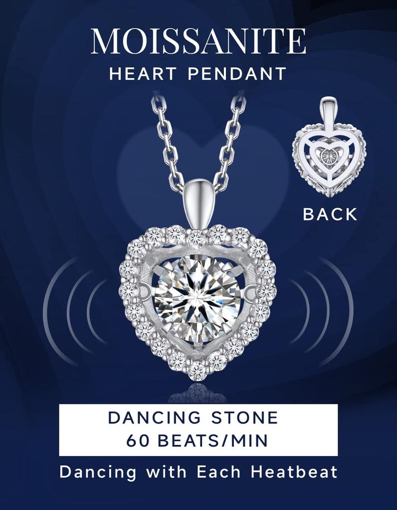Dancing Stone Carat Moissanite Necklace Silver Necklace with Adjustable Chain and Gift Box [MomentWish] Pendant, 1.3 Women's (Heart)