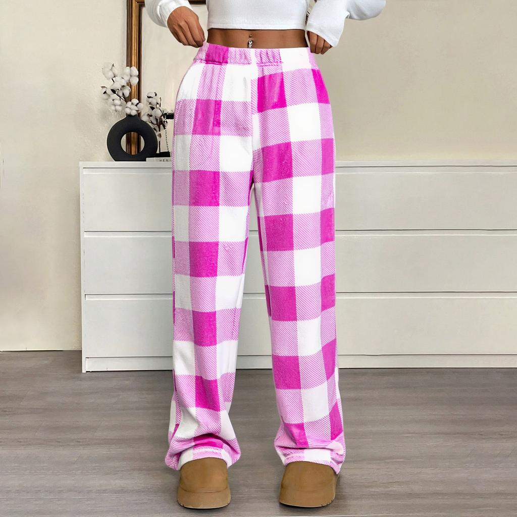 Women Pajama Pants Plush Sleep Pants Soft Elastic Waist Pajama Bottoms Plaid Pants With 2 Pockets