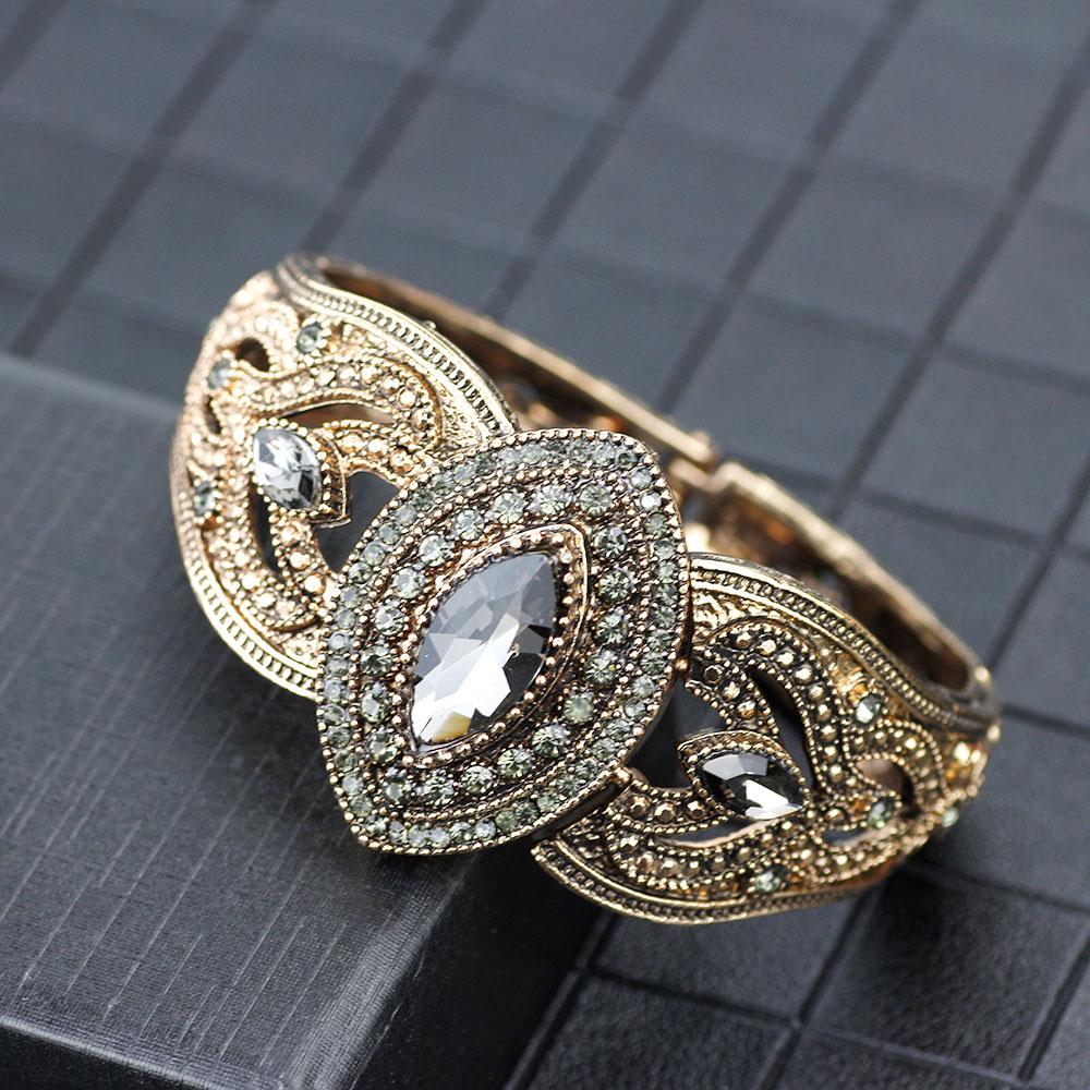 Gray Crystal Bangle for Women Antique Gold Color Charm Cuff Bracelets