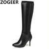 Classic Autumn Winter Knee High Boots Lady Fashion High Heels Boot Women PU Leather Black White Zipper Long Shoes Big Size 45