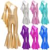 Kids Girls Metallic Shiny Bell-Bottom Dance Jumpsuit Fashion One Shoulder Flare Sleeve Bodysuit Carnival Theme Party