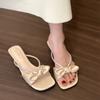 Thick Heel Temperament Rhinestone French Small Cool Slippers Fairy Shoes Outer Wear 2025 Summer with Skirt Bow Sandals