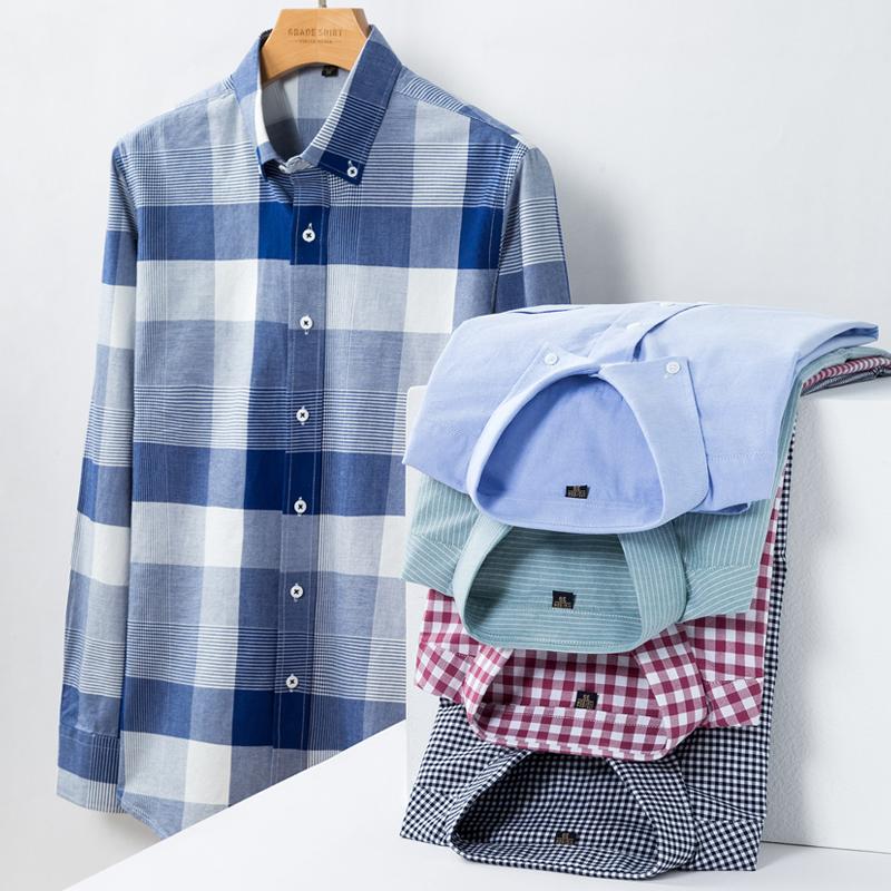 Pure Cotton Long Sleeve Office Men Plaid Shirts Button Collar for Business Checked Design Comfortable Male Clothing with Chest Pocket