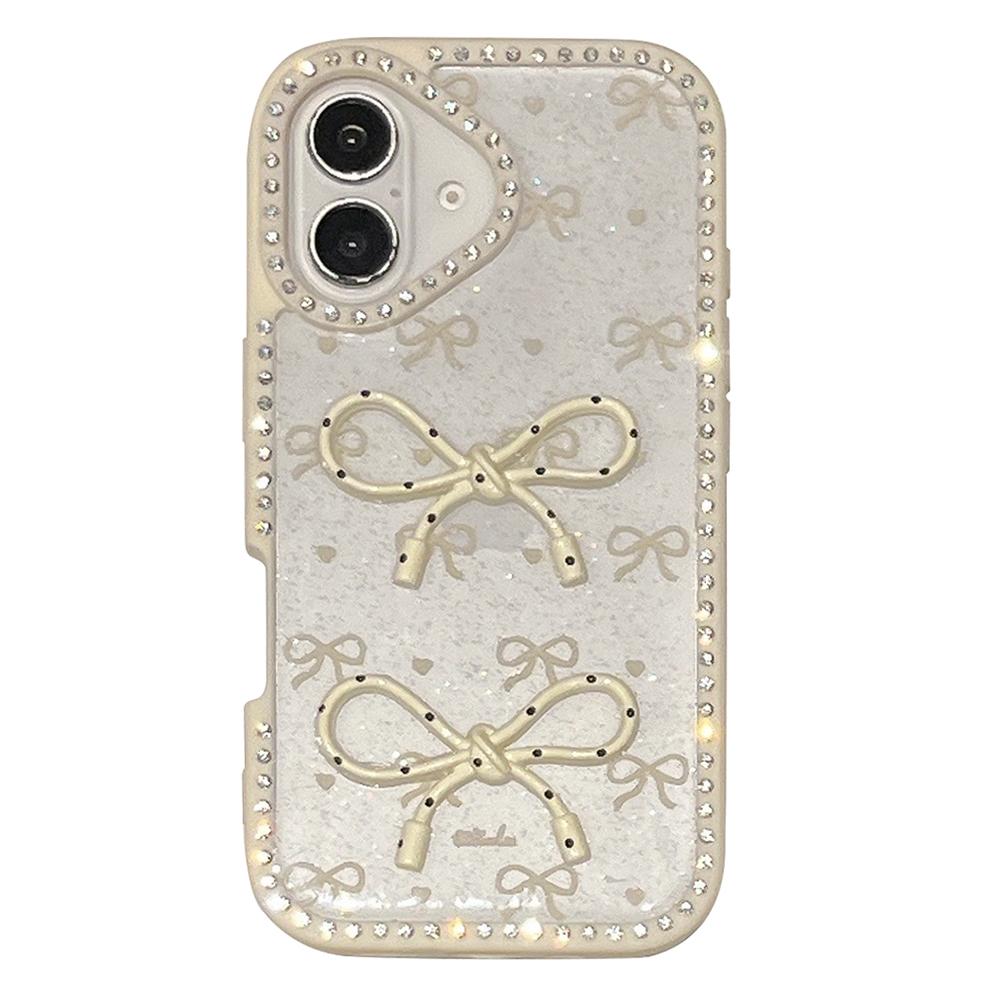For iPhone 16 Plus Case Two Bow Epoxy Design TPU+PC Phone Back Cover Rhinestone Decor