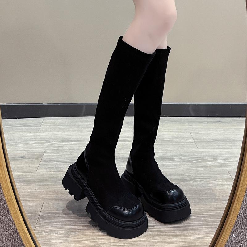 2025 Skinny Thick Heel Retro Elastic Skinny Boots Women's Autumn Thick-soled Medium Heel Martin Boots British Style Tall Socks Boots