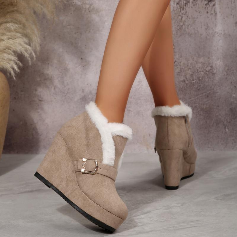 Metal Buckle Suede Wedge Heel Snow Boots Women Winter Round Toe Super High Heel Ankle Boots Warm Faux Fur Thick Bottom Shoes