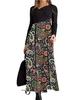 Women's Long Sleeve Black Top with Printed Maxi Skirt Dress, Bohemian Floral Geometric Pattern, Multiple Color Options