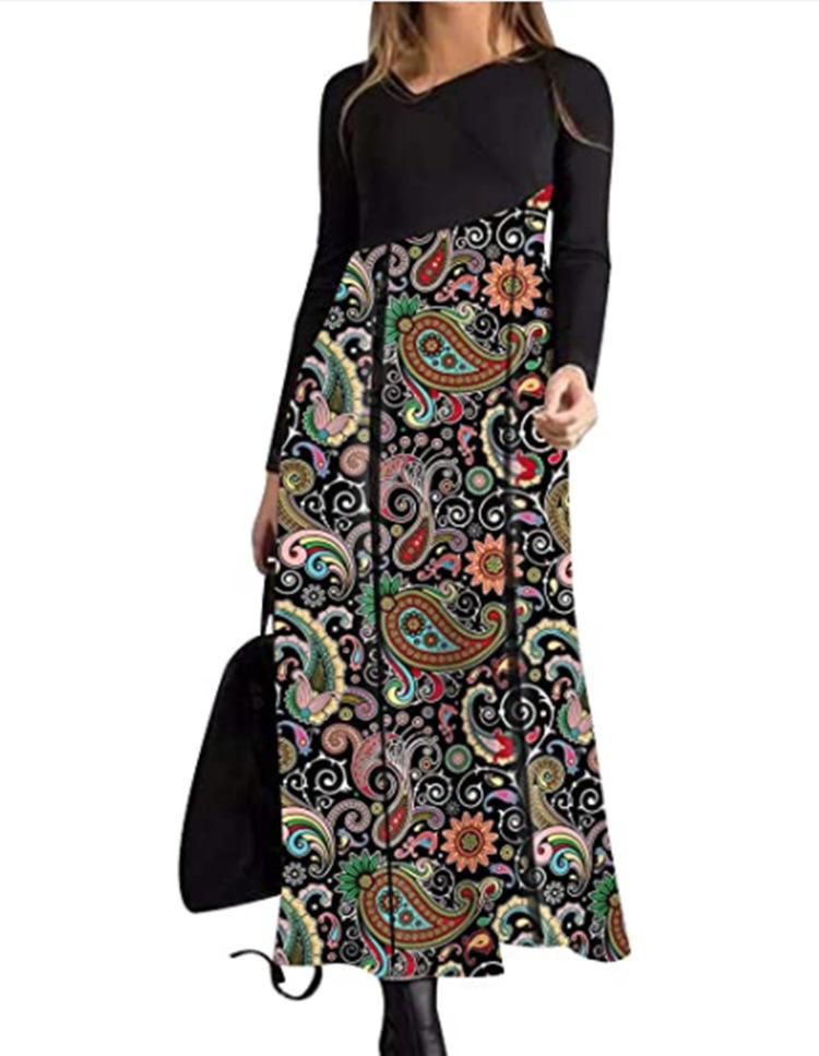 Women's Long Sleeve Black Top with Printed Maxi Skirt Dress, Bohemian Floral Geometric Pattern, Multiple Color Options