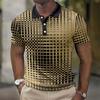Men's Polo Shirt with 3D Printing Design of Grid Pattern, Breathable Summer Polo Shirt.