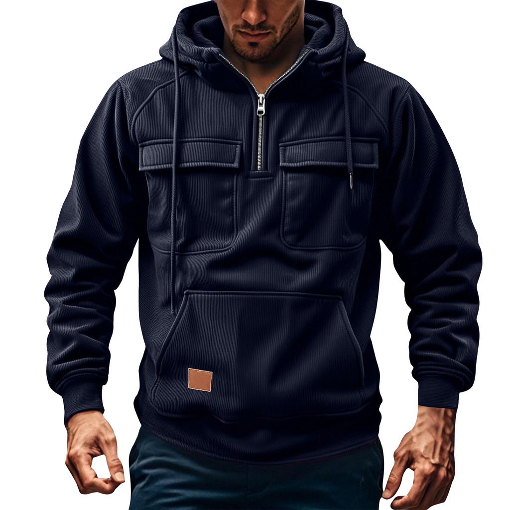 Men's Solid Color Fleece Half Zip Pocket Sweatshirt Hoodie Men's Sports Large Size Casual Sweatshirt