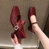Fashion Red Mary Jane Shoes Woman Luxury Crystal Buckle High Heels Patent Leather Mid-heel Pumps Woman French Dress Party Shoes 2024