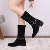 Suede Mid-Tube Boots Autumn New Pointed Toe Sleeve Belt Buckle Soft Sole Non-Slip Block Heel Skinny Boots