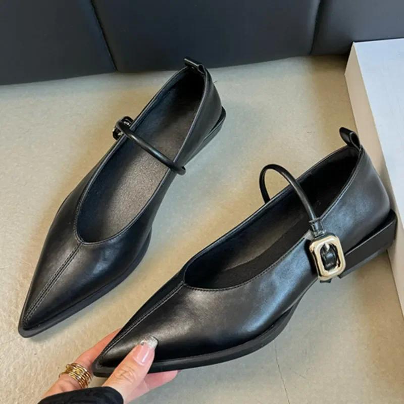 Fashion Pointed Toe Women Shoes Buckle Strap Solid Color Retro Designer Brand Low Heel Shallow Female Shoes Leather Concise Casual Shoes