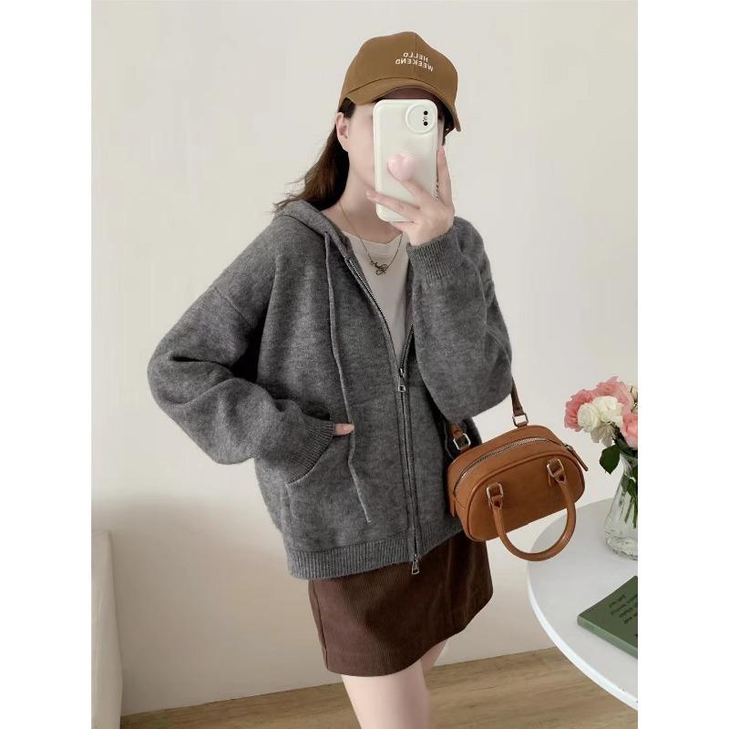 Autumn and Winter New Fashion Simple Double Zipper Hooded Knitted Cardigan Women's Solid Color Casual Loose Sweater Jacket