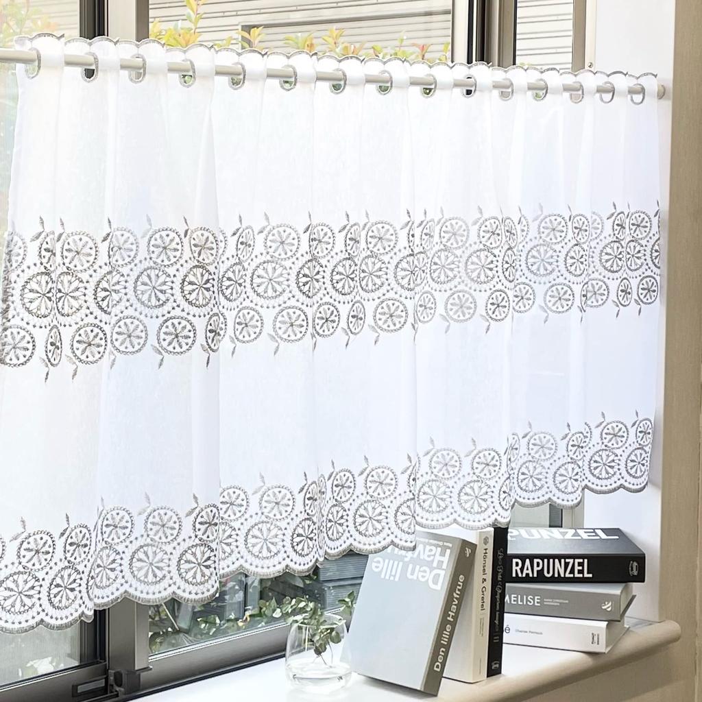 INTERIX Embroidered Lace Cafe Curtain for Small 100cm Wide X 90cm Daisy Made In Japan Windows, Long, Design, Silver, CF6-100-90,