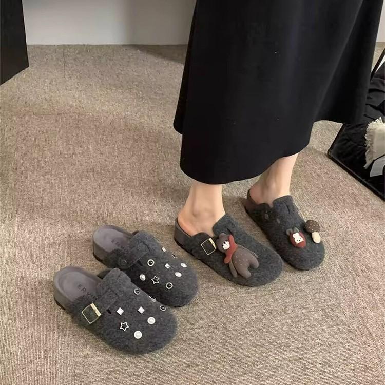 Leather Black Bullet Hole Boken Shoes Women's Autumn and Winter 2025 New Models Can Wear Lazy Bag Head Slippers Versatile Casual Shoes
