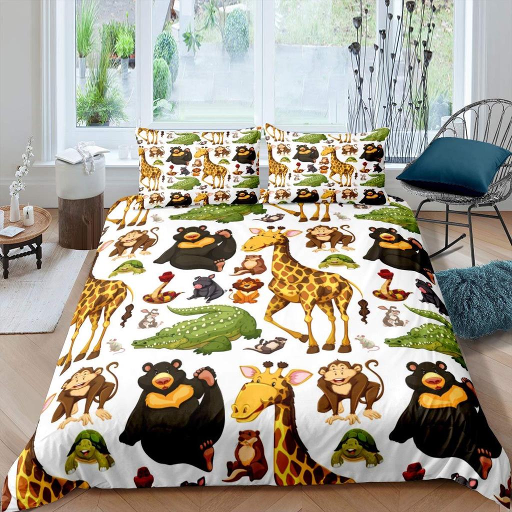Cartoon Animals Duvet Cover Cute Giraffe Monkey Tiger Elephant Bedding Set Lovely Wildlife Comforter Cover Polyester Quilt Cover