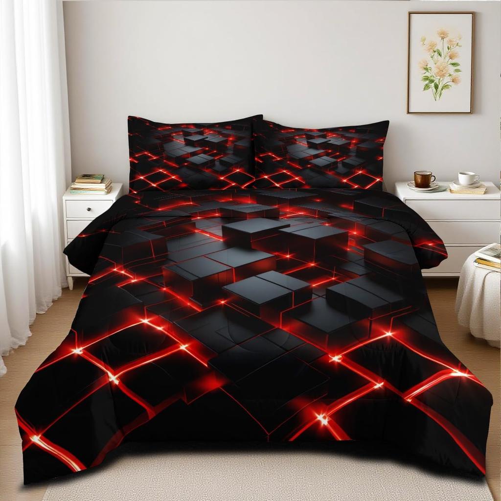 Red Black Geometric Queen Size 3D Stereoscopic Square Bedding Set Glowing Neon Geometry Bedding Sets Soft Microfiber