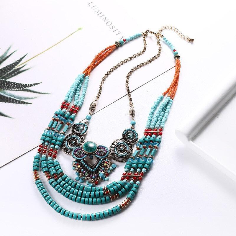 Beaded Bib Necklace Bohemia Vintage Handmade National Beads Multi Layer Colorful Jewelry Necklace for Women