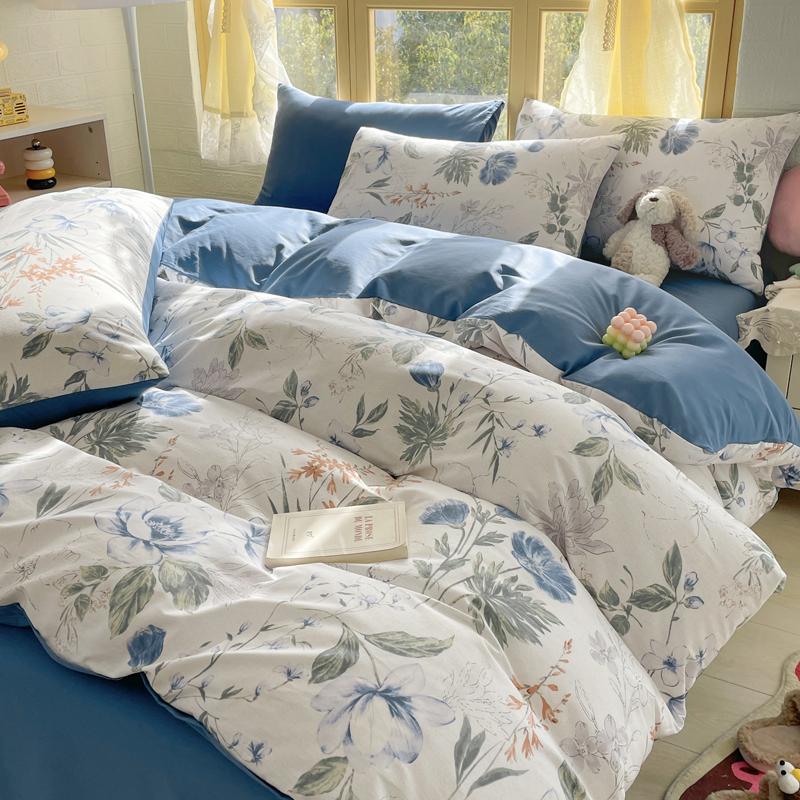 Элегантный синий цветочный узор пододеяльник комплект 100% хлопок мягкий приятный для кожи комплект постельного белья размера Queen одеяло чехол наволочки