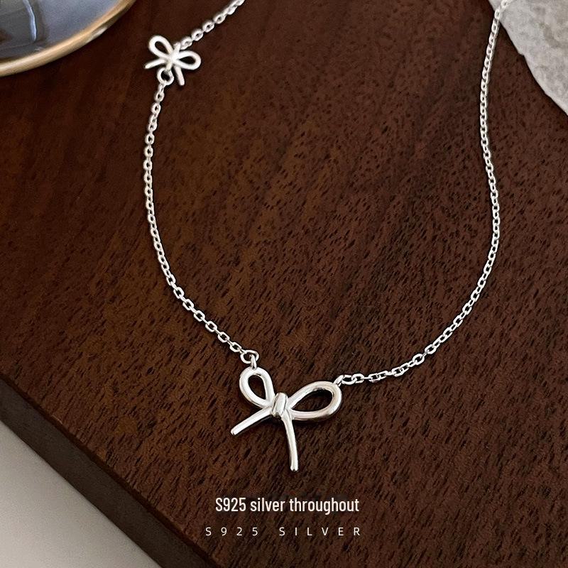 Banyan Tree S925 Silver Bowknot Necklace - Sweet Korean Style Clavicle Chain for Women