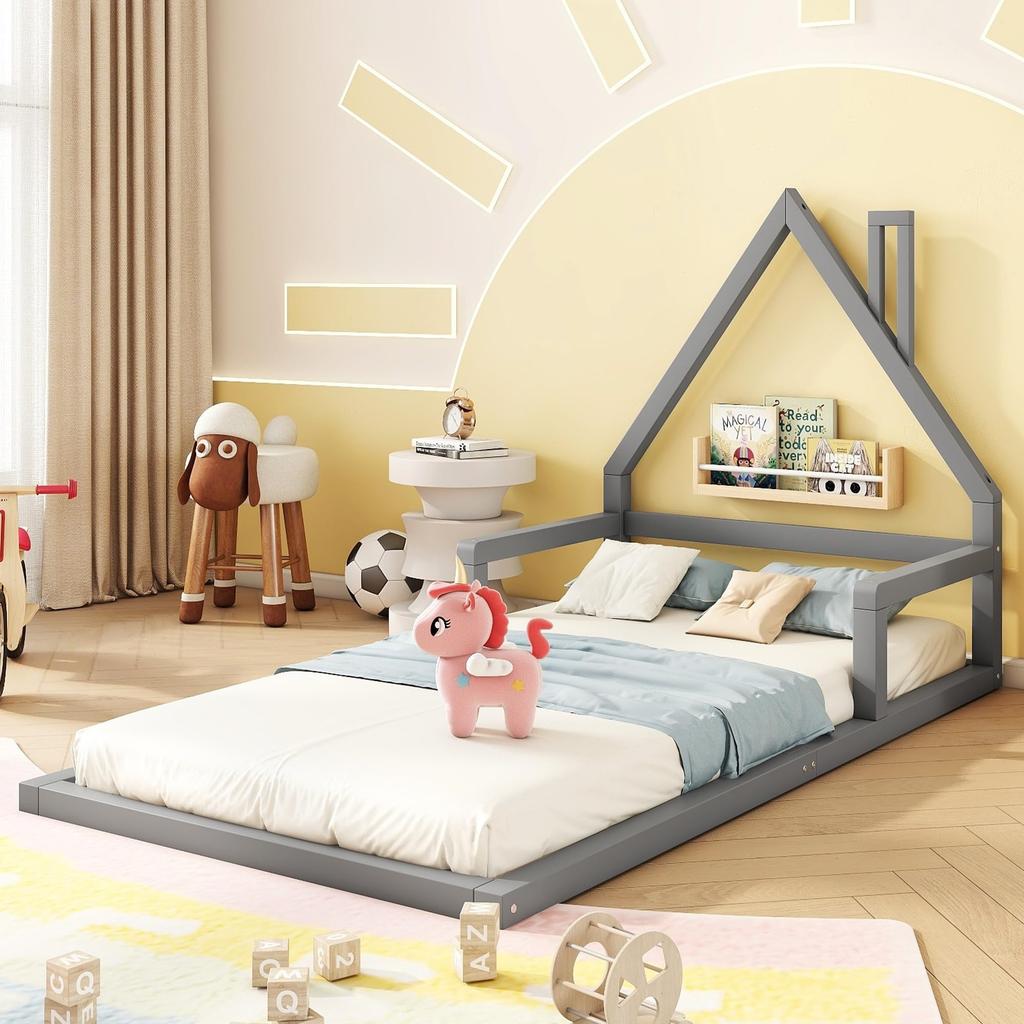 Children's Bed 90x200cm, Slatted Frame, Pine wood+MDF, House Shape, Minimalist Styling, Adult/youth, Without Mattress