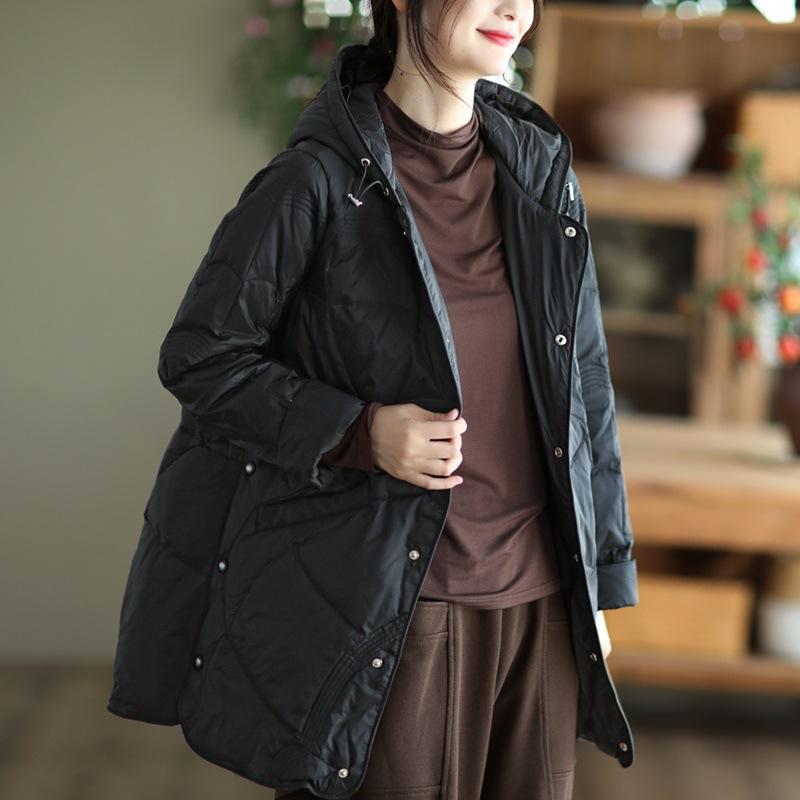 Winter Loose Hooded Medium and Long Down Jacket, Thin and Versatile Warm Single-breasted White Duck Down Women's Jacket