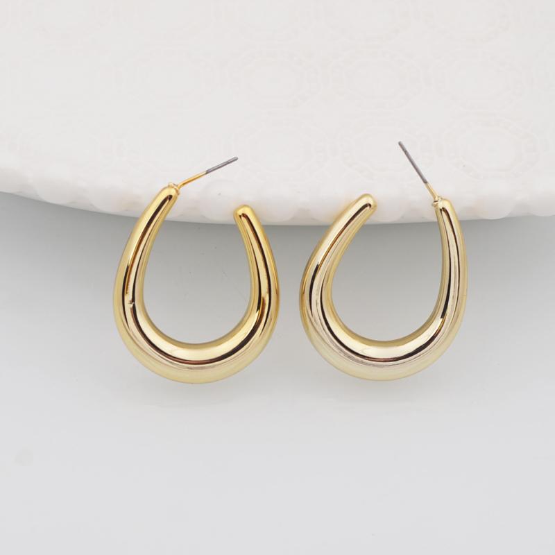 Gold Color U-shaped Smooth Metal Drop Earrings for Female Hollow Geometry Water Drop Oval Design Women's Dangle Earrings