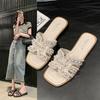 2025 Summer New Xiaoxiangfeng Flat-bottomed Slippers Women Wear Large Size Light Luxury Fairy Versatile Pearl Vacation Sandals
