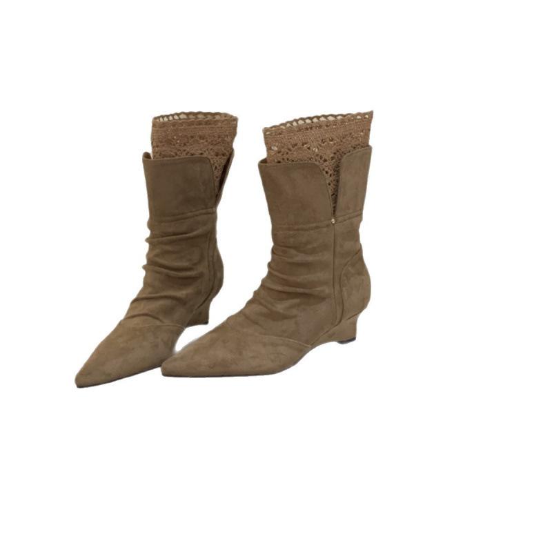 New Lace French High Heel Long Fashion Boots Women's 2025 Autumn and Winter New Pointed Sweet Stacking Boots Boots