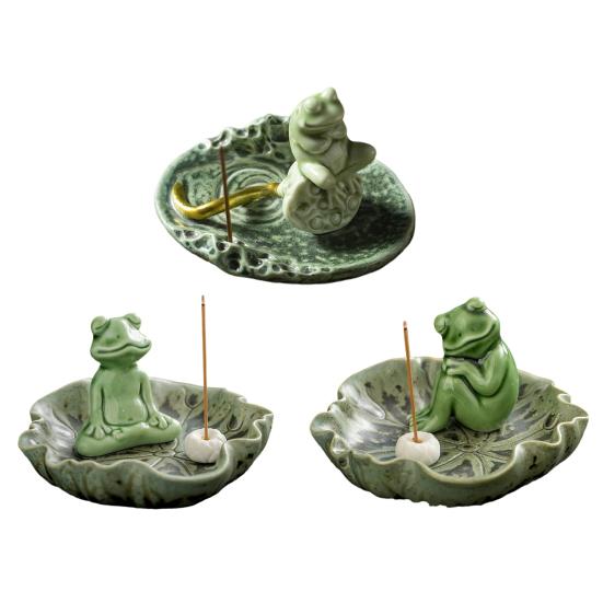 Meditation Frog Incense Stick Holder Ceramics Lotus Leaf Sitting Frog Incense Burner Home Office Desktop Decoration Ornament