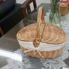 Handmade Large Wicker Basket Handle Picnic Bag Willow Woven Storage Hamper Double-Lid Camping Outdoor Fruit Holder Organizer