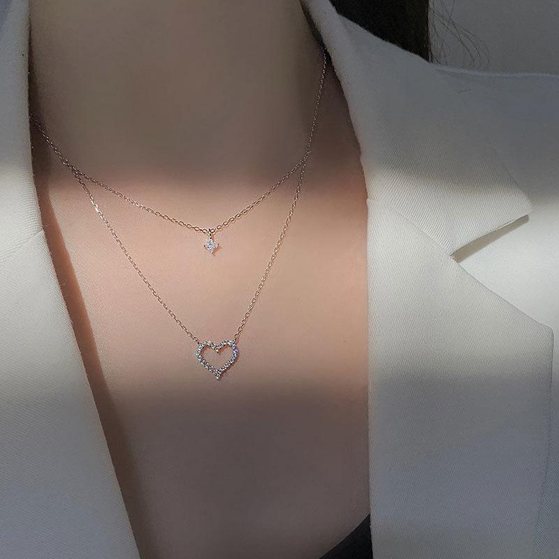 Fully Diamond Hollow Love Double Layer Necklace Heart-shaped Sweet Niche Design Sense Necklace for Women