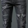 Black Jeans Men's Autumn High-end Trend Embroidery Printing Slim Spring and Autumn Models Small Foot Jeans Trousers