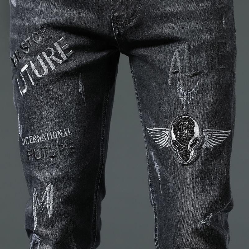 Black Jeans Men's Autumn High-end Trend Embroidery Printing Slim Spring and Autumn Models Small Foot Jeans Trousers