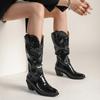 Autumn Winter Women Shoes Knee-high Cowboy Western Boots Chunky High Heels Round Toe Pu Leather Casual Party Zapatos Mujer