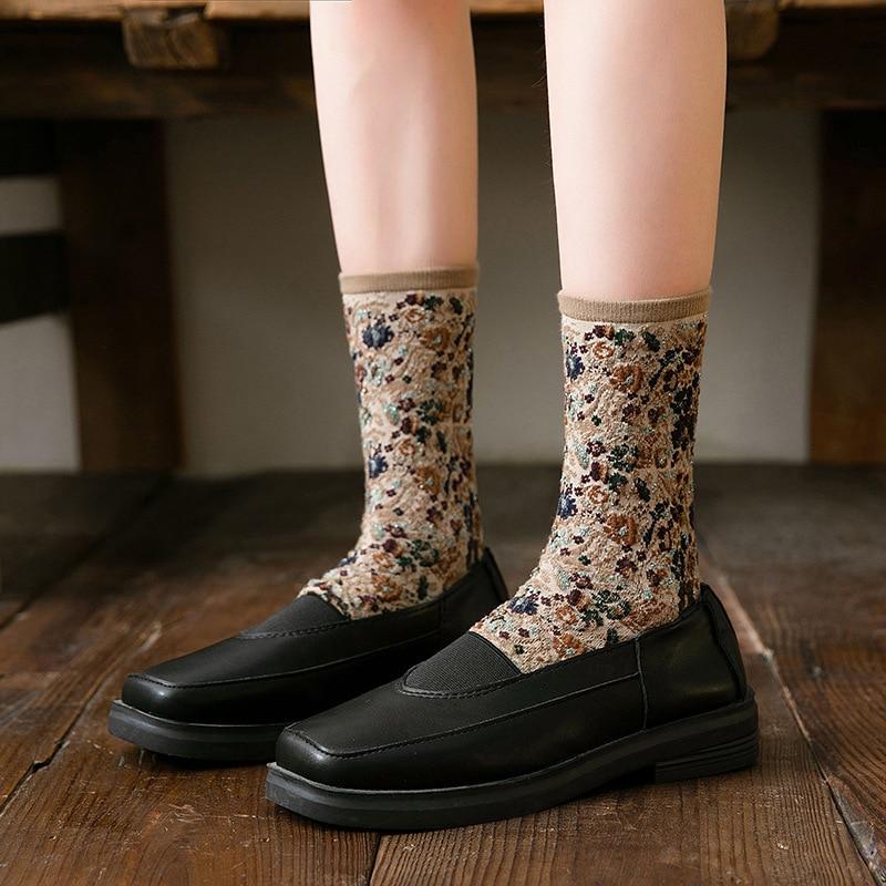 Winter Warm Flower Vintage Socks Women Korean Ins Fashion Kawaii Harajuku Mori Girl Socks Skarpetki Kobieta Femme Chaussettes