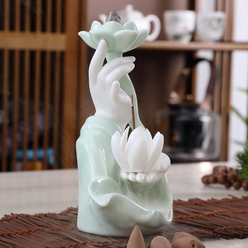 Ceramic Incense Burner Holder Waterfall Buddha Backflow Censer Lotus Guanyin Incense Holders Home Reading Room Decor Ornaments