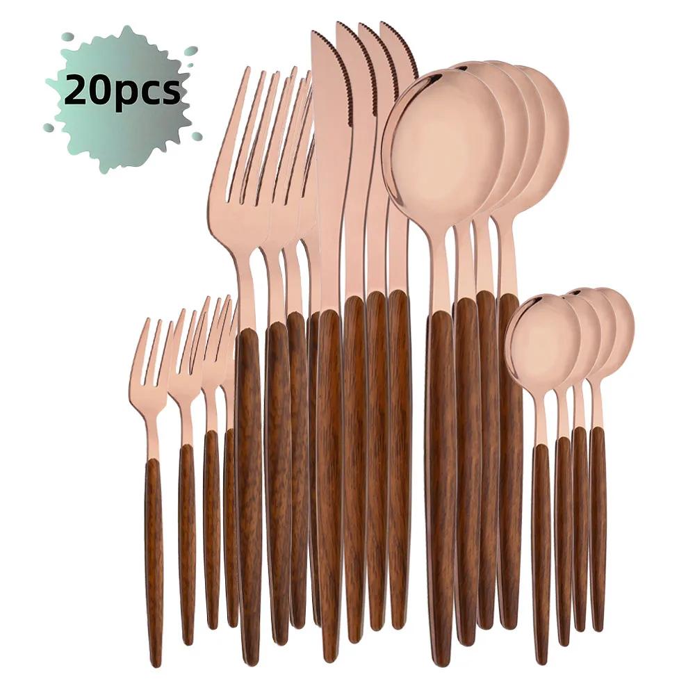 20Pcs Dinnerware Set Stainless Steel Silver Imitation Wooden Handle Clamp Western Knife Fork Spoon Cutlery Tableware Silverware